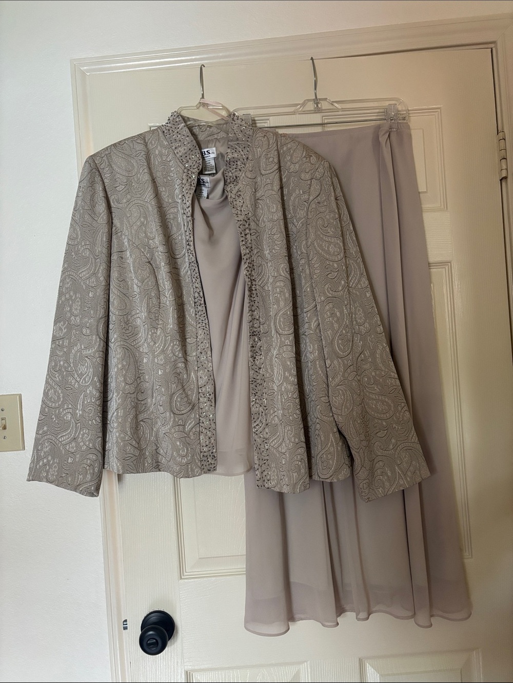 J.B.S. Taupe Maxi Skirt with Coordinating Embroidered Jacket Set